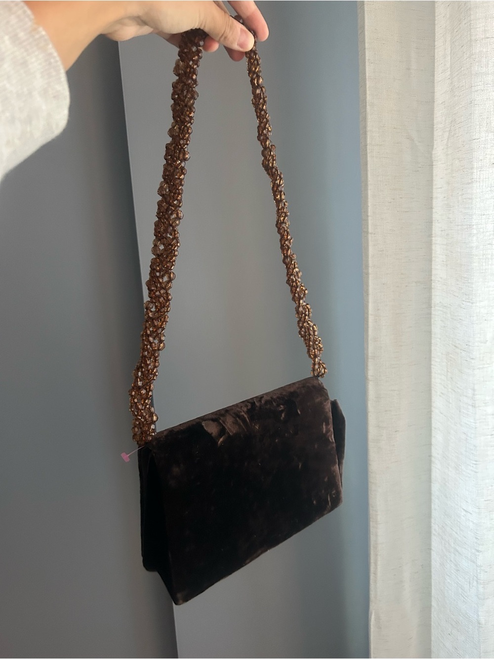 Brown Velvet Shoulder Bag with Beaded Strap